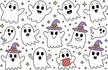 A charming array of cartoon ghosts, some donning witch hats, isolated on white background, evokes a playful halloween spirit with whimsical cuteness