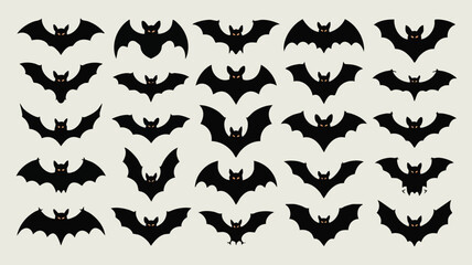 A collection of bat silhouettes isolated on white background, showcasing various wing positions and body shapes for halloween or naturethemed designs