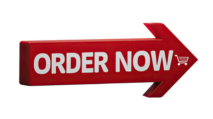 Red downward arrow banner with bold white text reading Order Now and Shopping promotional sale sign isolated on white background