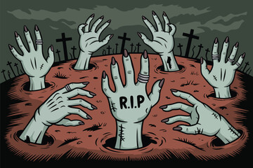 A spooky scene of zombie hands emerging from the grave in a graveyard with tombstones, conveying a halloween or horror theme with a dark and eerie atmosphere