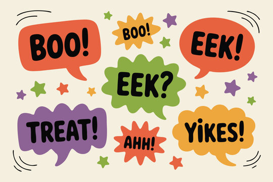 A vibrant collection of halloween speech bubbles featuring spooky exclamations, isolated on white background, adds a playful and expressive touch to designs
