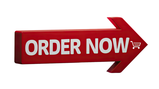 Red downward arrow banner with bold white text reading Order Now and Shopping promotional sale sign isolated on white background