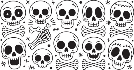 Collection of cartoon skulls and crossbones isolated on white background, perfect for halloween designs, spooky themes, and creative graphic projects