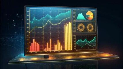 Futuristic financial dashboard displaying colorful line chart, bar graph, pie chart and data visualization monitor with glowing analytics to monitor - Powered by Adobe
