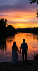 Fototapeta premium Silhouetted couple holding hands by river at vibrant sunset, serene and romantic. 