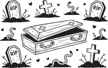 Eerie graveyard scene with tombstones, coffin, and worms isolated on white background, perfect for halloween designs and spooky illustrations