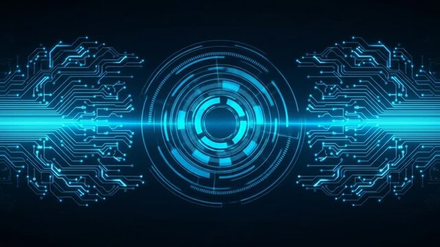 Abstract digital circuitry animation animated blue digital lines and central circle on black background