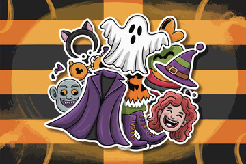 Festive halloween sticker collage featuring a ghost, witch hat, cat ears, vampire cape, and other spooky elements on a striped background, perfect for seasonal designs