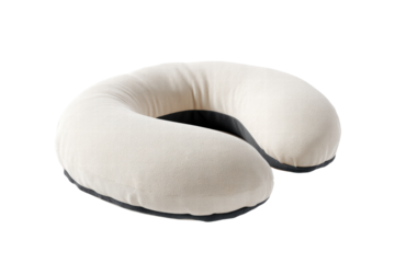 A neck pillow for travel isolated on white background. The pillow is soft and fluffy