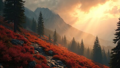 Sunlit mountain slope covered with red bushes and evergreen trees. Sunlight rays pierce through mist and clouds over rocky peaks. Autumnal forest scenery at dawn or dusk.