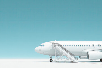 
White passenger jet plane with boarding stairs isolated on bright background with sky