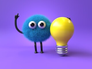 Fluffy, cute monster with a lightbulb, symbolizing ideas and innovation. 3D rendering, conceptual image. Isolated on white background.