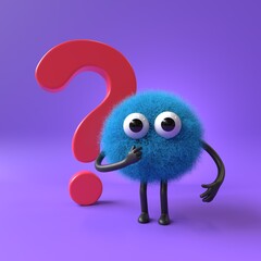 Fluffy, cute monster beside a question mark, symbolizing inquiry or curiosity. 3D rendering, conceptual image. Isolated on white background.