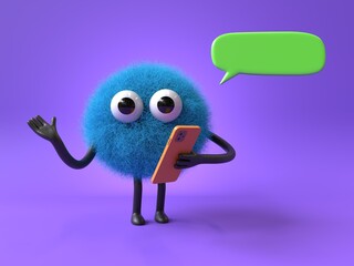 Fluffy, cute monster with phone and speech bubble, symbolizes customer service. 3D rendering, conceptual image. Isolated on white background.