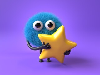 Fluffy, cute monster holding a star, symbolizing achievement or rating. 3D rendering, conceptual image. Isolated on white background.