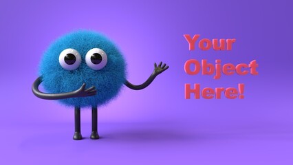 Fluffy, cute monster presents a space for 