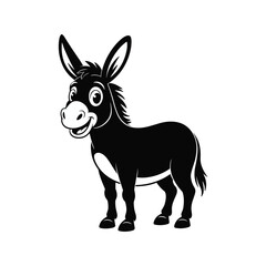 Black cartoon donkey with large ears and smiling face on white background animal black and white
