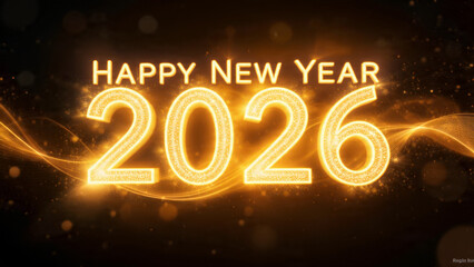 Bright golden neon lights spell out happy new year 2026 with abstract swirls
