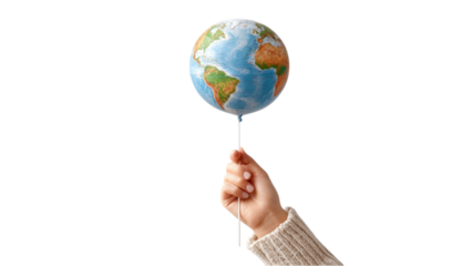 Hand Holding Earth Globe Balloon Isolated on White, Environmental Awareness