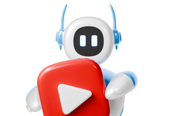 3d ai robot with play button icon. video streaming concept. Minimal cartoon play button media app robo bot mascot for app ui banner. isolated on white background. 3d render.