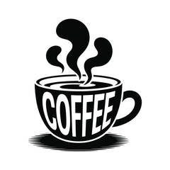 Black coffee cup with steam and the word coffee in white text hot beverage black and white