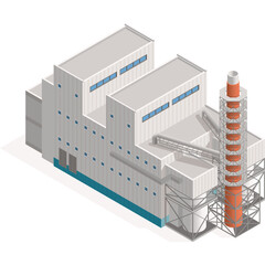 Isometric Industrial Building With Tall Smokestack And Conveyor System In A Neutral Palette On A Transparent Background