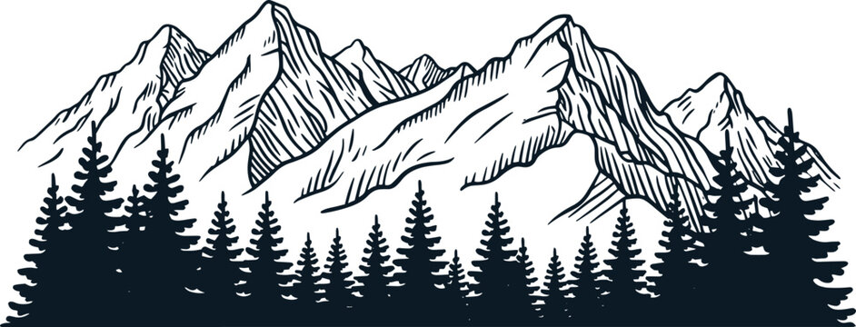 Black and white vintage hand-drawn mountain range illustration with pine trees, bold ink line art in retro poster style, simple composition, minimal clean design on plain background