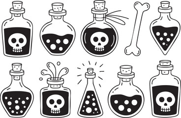 Collection of potion bottles and a bone isolated on white background, perfect for halloween, witchcraft, and fantasy themed designs and illustrations