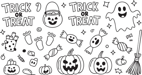 Halloween trick or treat elements isolated on white background, featuring pumpkins, candies, ghost, and broom for festive designs and decorations