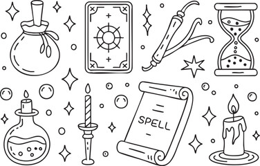A collection of magical elements isolated on white background, including potions, candles, a spell scroll, and a tarot card, perfect for witchcraft or fantasy themes