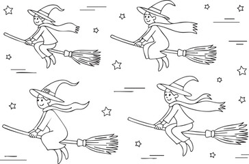Witches on broomsticks isolated on white background, a whimsical illustration of young witches flying through the night sky, perfect for halloween or fantasy themes