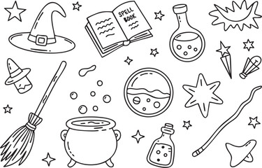 A collection of witchcraft elements isolated on white background, featuring a cauldron, spellbook, potions, and a witchs hat, perfect for magical or halloween themes