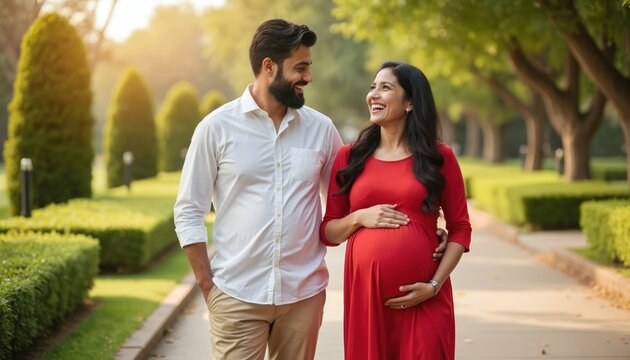 Happy indian couple awaits baby walking in park. Woman in red dress holds belly. Loving parents look forward to family expansion. Mom and dad enjoy time together outdoors. - Powered by Adobe