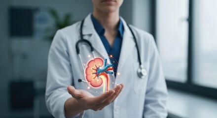 Doctor holds a glowing kidney image in their palm, stethoscope around neck