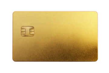 A gold colored credit card with a silver stripe. The card is rectangular in shape and has a gold color