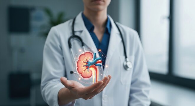 Doctor holds a glowing kidney image in their palm, stethoscope around neck