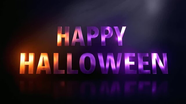 Creative ""Happy Halloween"" text design with glossy 3D orange and purple letters, spooky festive atmosphere, modern graphic design for holiday poster, cinematic light and shadow Hal