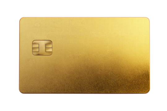 A gold colored credit card with a silver stripe. The card is rectangular in shape and has a gold color