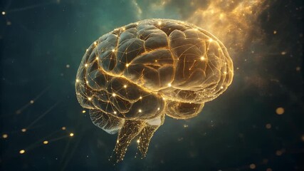 Glowing golden neural network brain with neuron synapse connection glowing abstract particles evoking neural connectivity and intelligence - Powered by Adobe