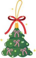 Christmas tree with red ribbon, Christmas tree with red ribbon and hanging ornaments. Holiday greeting with Christmas tree.