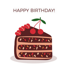Slice of chocolate cake with cherries on top, isolated on white. Dessert vector illustration, hand drawn, flat, doodle design. Happy birthday card