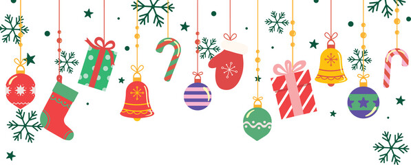 Merry Christmas and Happy New Year. Merry Christmas card with hanging ball decoration concept.