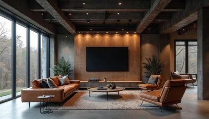 Obraz premium Luxury modern living room interior boasts large TV setup with wooden panel wall. Comfortable brown leather sofa, stylish armchairs create inviting seating. Expansive floor to ceiling windows offer