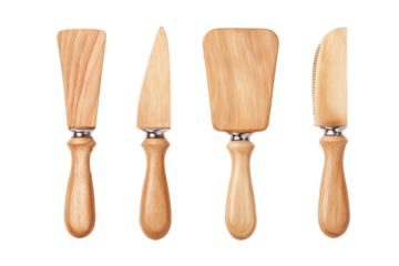 A wooden cheese knife set. each with a different shape and size. The knives are arranged in a row, with the largest one on the left and the smallest one on the right