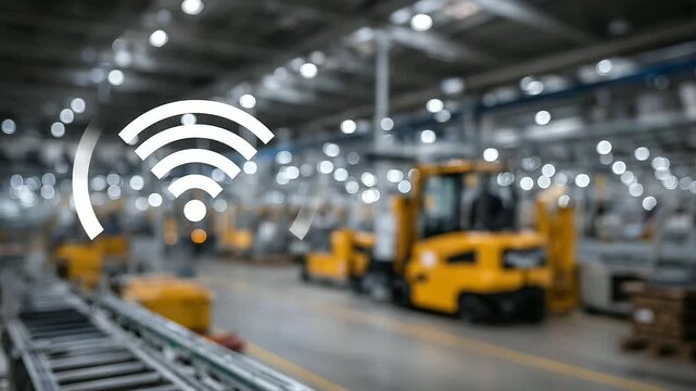 WiFi signal in smart factory with connected forklifts and automated warehouse technology. smart factory, WiFi, wireless network, industrial automation, connected warehouse, forklift, logistics