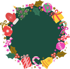 Frame of decoration balls and bells, Merry Christmas and Happy New Year banner.