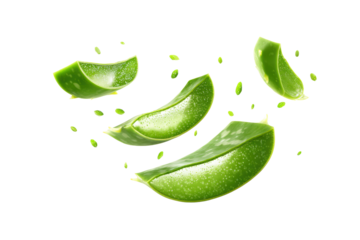 A close up of a green aloe vera leaf with the leaf cut in half. The leaf is in the air, with the other half of the leaf still attached to it