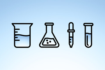 Laboratory glassware icons including a beaker, flask, dropper, and test tube on a blue gradient background