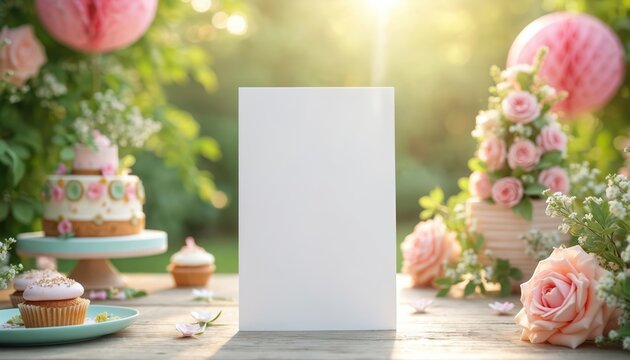 Blank invitation mockup stands on wooden table in garden. Celebration photo includes cake roses cupcakes and green plants. Party greeting card design with pink flower decoration and soft sunlight.