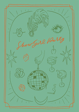 Showgirl era party poster. Disco party dazzling elements: disco ball, cocktails, showgirl feather headdress, cigarette, kiss. Art deco frame border. Birthday, bachelorette, friendship celebration card